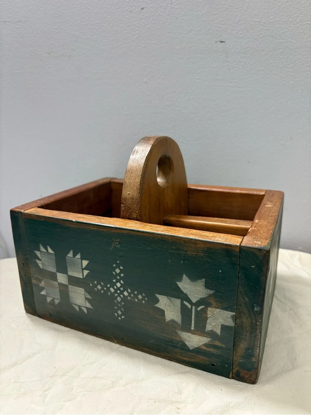 Handmade Wooden Tote Box with Stenciled Folk Motif